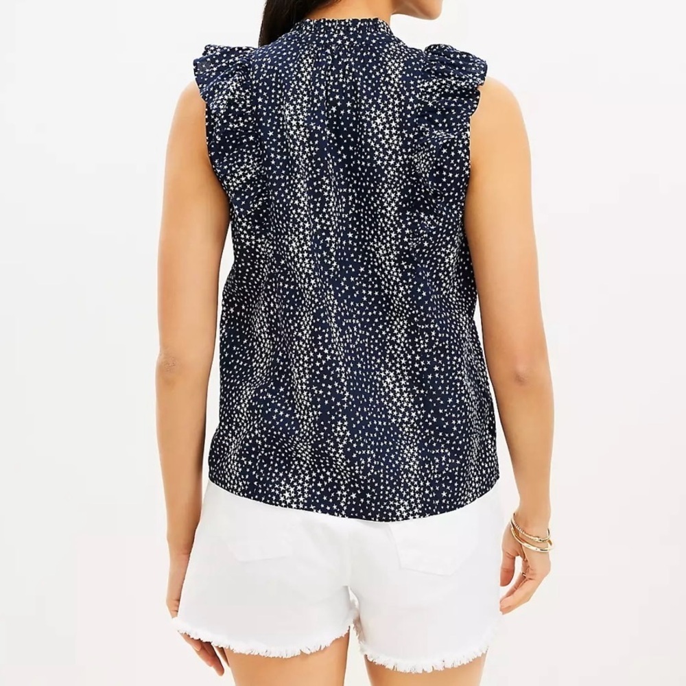 Loft Ruffle Bib Pin Tuck Button Top Ruffle Cap Sleeves Star Pattern Blue XL NWT - Picture 2 of 9